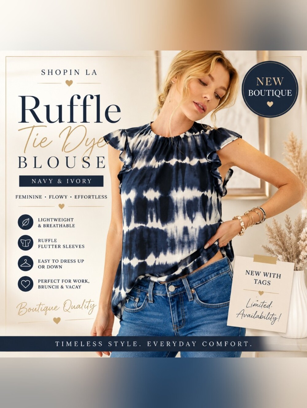 Shopin LA Ruffle Sleeve Tie Dye Blouse Navy White Boutique Tank Top